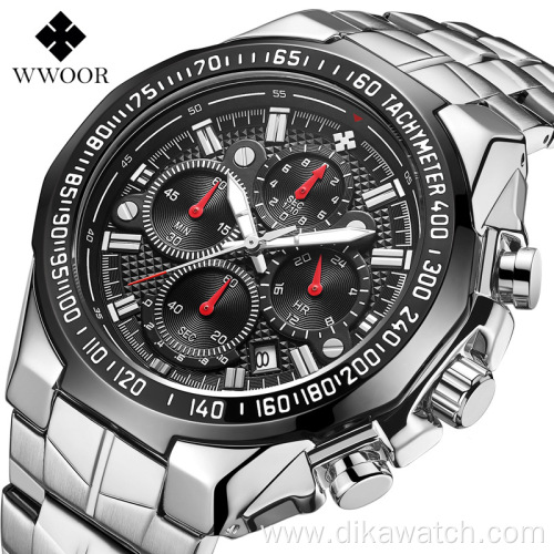 WWOOR Brand Watches Men Luxury Sports Chronograph Clock Man Fashion Full Steel Quartz Wrist Watch Relogio Masculino